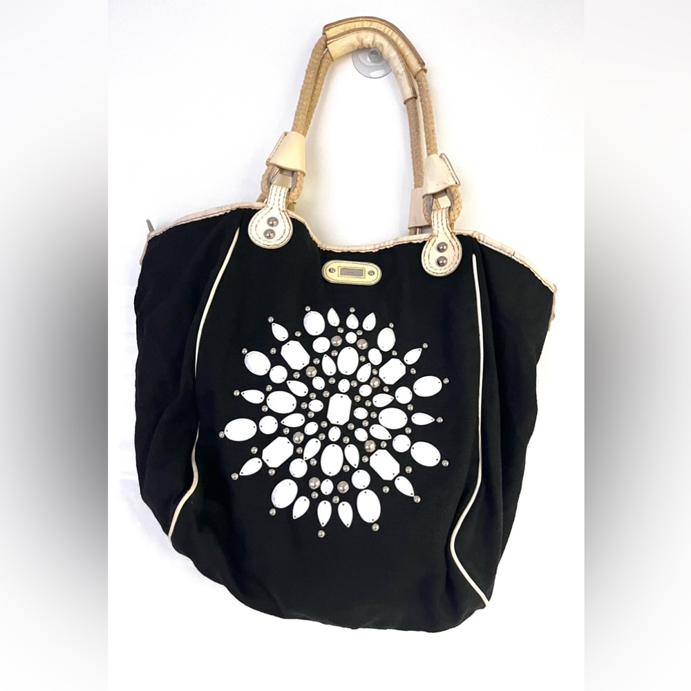 Rafe Black Canvas Floral Beaded Studded Tote/Shoulder Bag